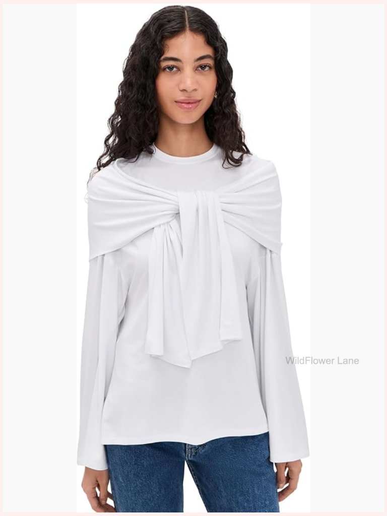 White Long Sleeve Blouse With Attached Scarf Detail, Viscose Stretch Jersey